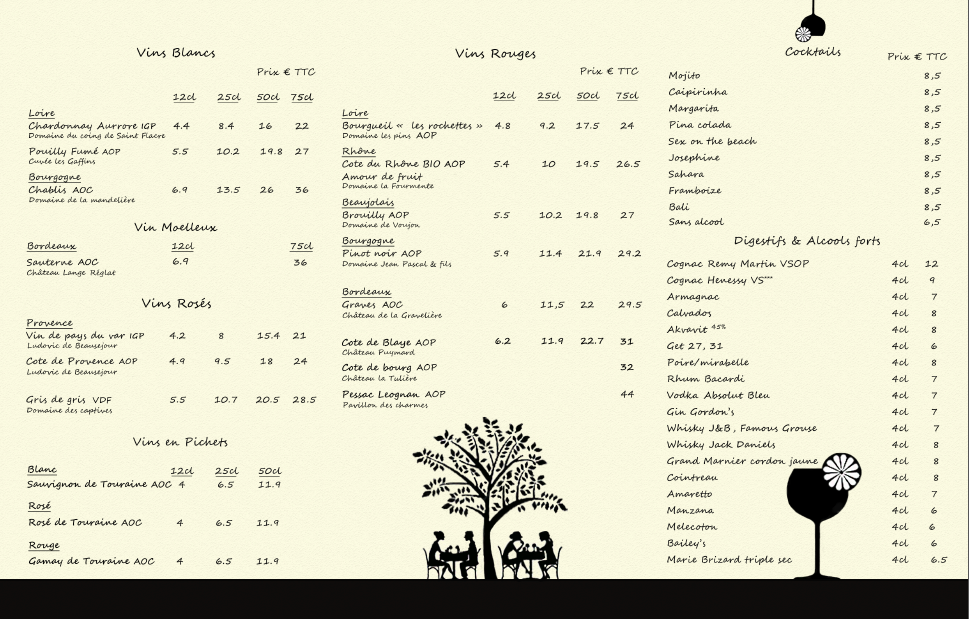 Carte des boissons interieure